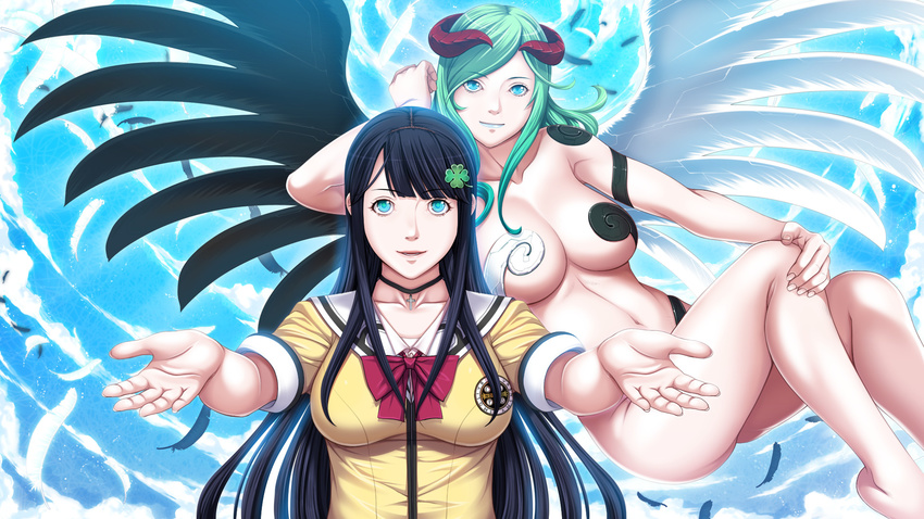 2girls black_hair blue_eyes breasts demon feathers flying game_cg green_hair highres horns large_breasts legs long_hair looking_at_viewer multiple_girls p/a:_potential_ability school_uniform sei_shoujo simple_background smile standing takajyou_yuna thighs wings