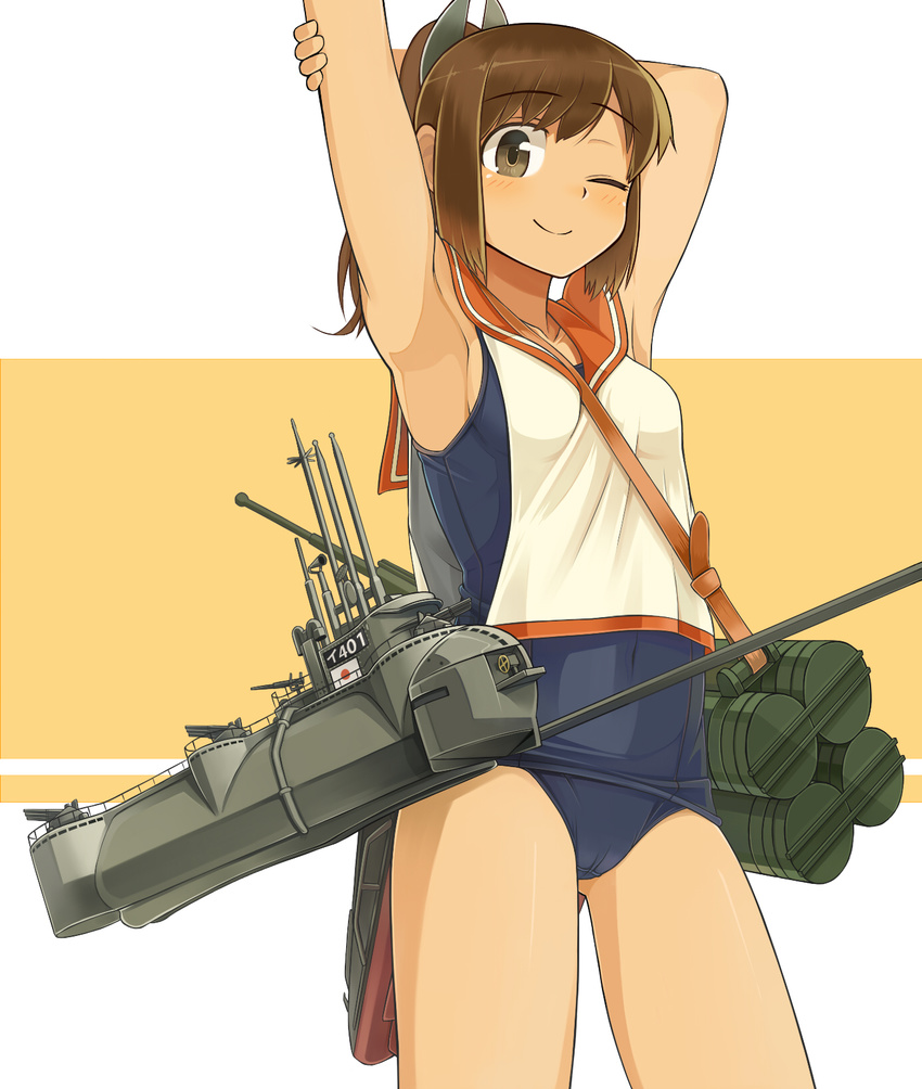 ;) armpits brown_eyes brown_hair cowboy_shot highres i-401_(kantai_collection) kantai_collection kazumania looking_at_viewer machinery one_eye_closed ponytail school_swimsuit smile solo stretch swimsuit swimsuit_under_clothes turret