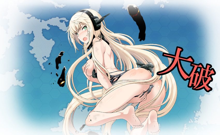 :o ass barefoot blonde_hair blue_background blue_eyes blush breast_slip breasts covering covering_breasts fake_screenshot hexagon highres isse kantai_collection long_hair looking_at_viewer looking_back medium_breasts one_breast_out open_mouth original personification simple_background solo submarine torn_clothes torpedo u-96_(submarine) very_long_hair watercraft