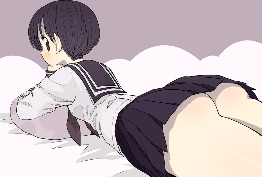 ass black_eyes black_hair blush chin_rest hasesese highres looking_at_viewer looking_back lying on_stomach original pillow school_uniform serafuku short_hair skirt solo