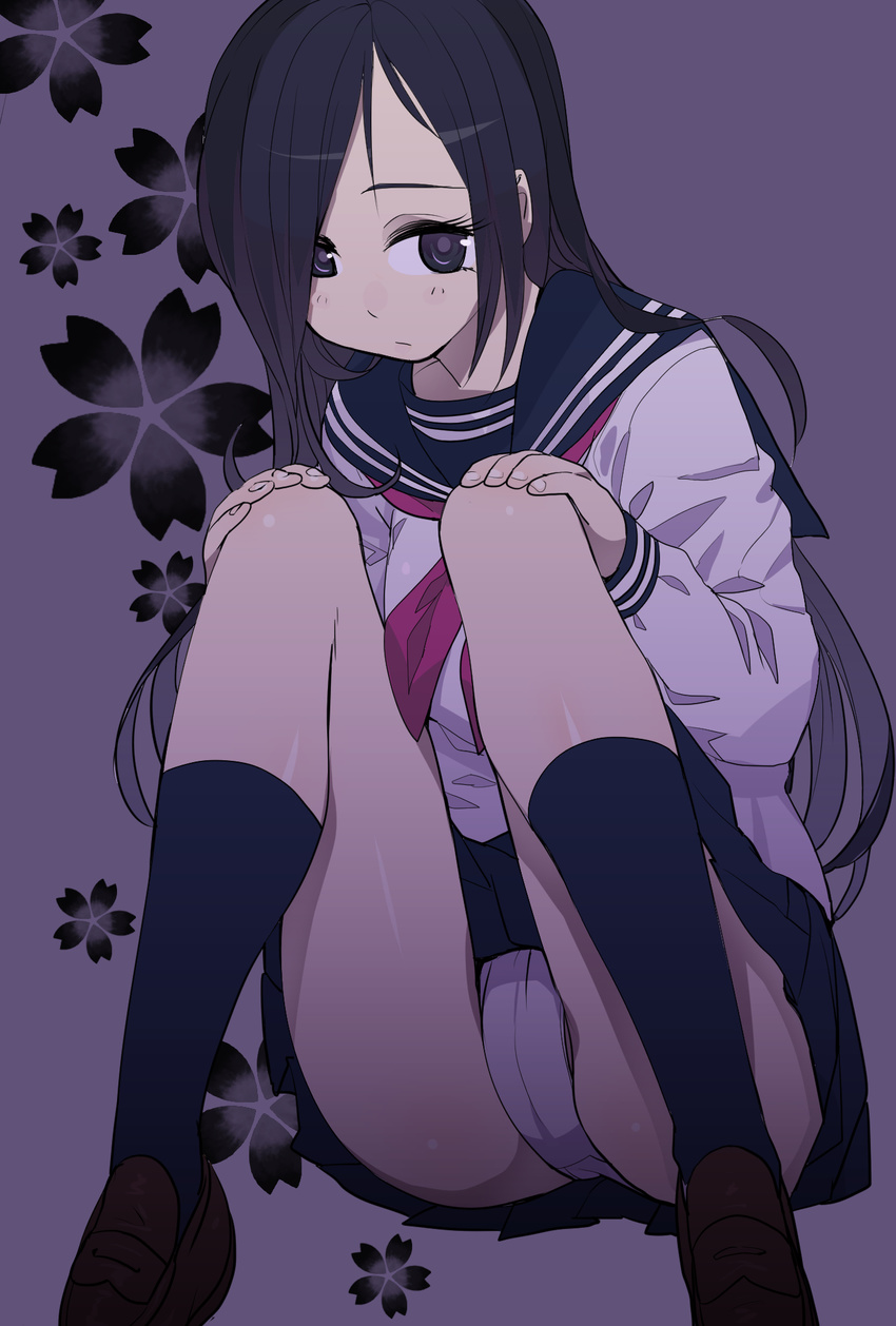 black_eyes black_hair blush hasesese highres long_hair looking_at_viewer original panties pantyshot pantyshot_(sitting) school_uniform serafuku sitting skirt solo underwear white_panties