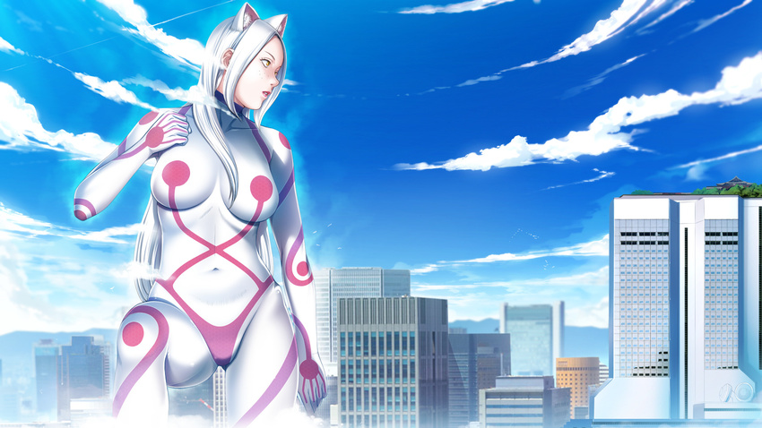 1girl animal_ears bodysuit breasts building cat_ears city cloud clouds freckles game_cg highres large_breasts legs long_hair looking_away navel p/a:_potential_ability sei_shoujo serious sky solo standing thighs white_hair yellow_eyes