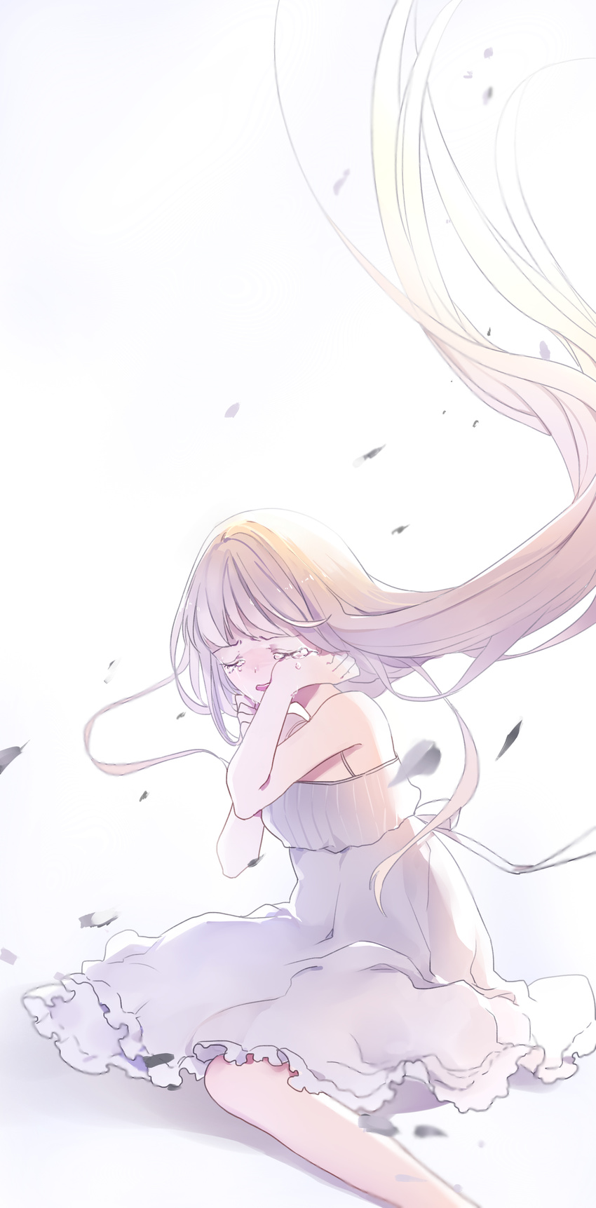 absurdres bad_id bad_pixiv_id blonde_hair crying dress highres kotoba_(610430468) long_hair original sad solo tears wind wind_lift