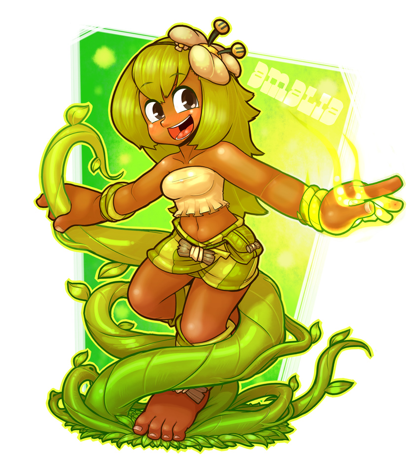 amalia_sheran_sharm bare_shoulders barefoot bracelet breasts brown_eyes character_name dark_skin error flower green_hair hair_flower hair_ornament highres jewelry leg_warmers long_hair midriff navel plant sadida sarikyou skirt small_breasts smile solo toenails toes vines wakfu