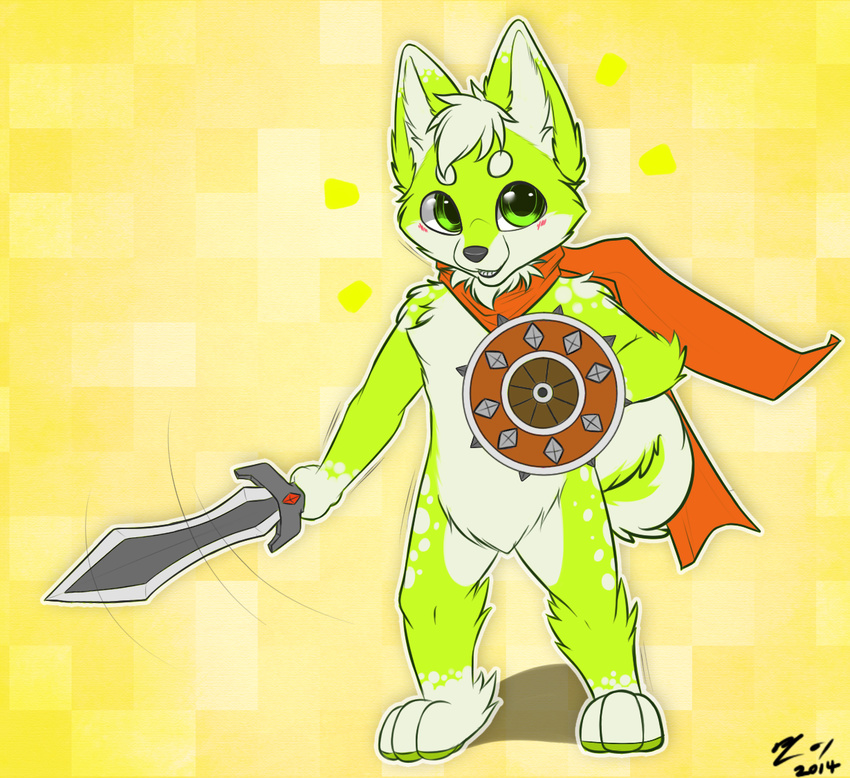 canine chibi dog husky mammal neon_green scarf shield sword weapon yuniwolfsky