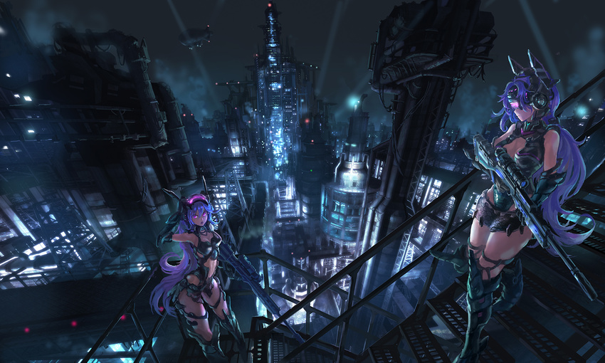 aircraft black_gloves blimp boots breasts building cityscape cyberpunk denki dirigible elbow_gloves gloves gun head_mounted_display headgear headwear holding holding_gun holding_weapon long_hair medium_breasts multiple_girls night open_mouth original outdoors pink_eyes profile purple_hair rifle scenery science_fiction sniper_rifle spotlight stairs standing thigh_boots thighhighs very_long_hair weapon