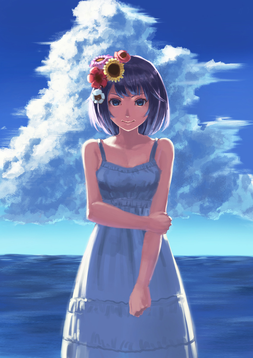 bad_id bad_pixiv_id black_hair blue_eyes cloud day dress flower hair_flower hair_ornament highres michitarou monogatari_(series) nisemonogatari senjougahara_hitagi short_hair