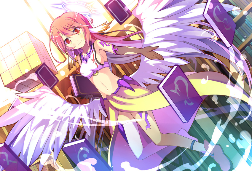 bad_id bad_pixiv_id book breasts dutch_angle elbow_gloves gloves halo holding jibril_(no_game_no_life) kinoshita_neko long_hair looking_at_viewer medium_breasts navel no_game_no_life red_eyes red_hair shoes sideboob single_shoe smile solo white_wings wings