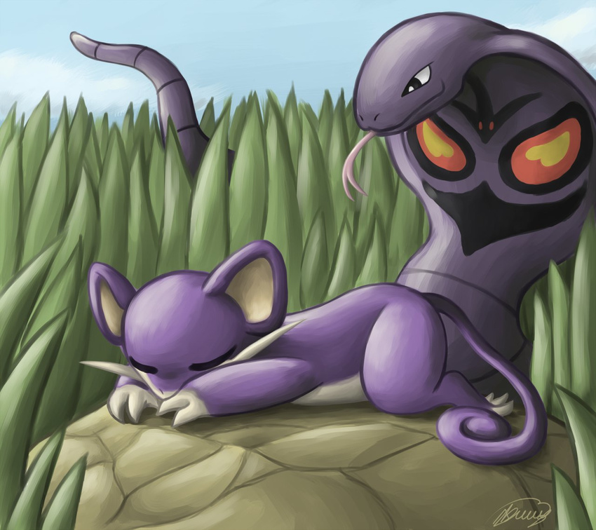 arbok claws cobra diabolsu eyes_closed forked_tongue grass imminent_vore kobra lying mammal nintendo on_stomach outside pok&#233;mon pok&eacute;mon rat rattata reptile rock rodent scalie sleeping snake tongue uhoh video_games vore whiskers