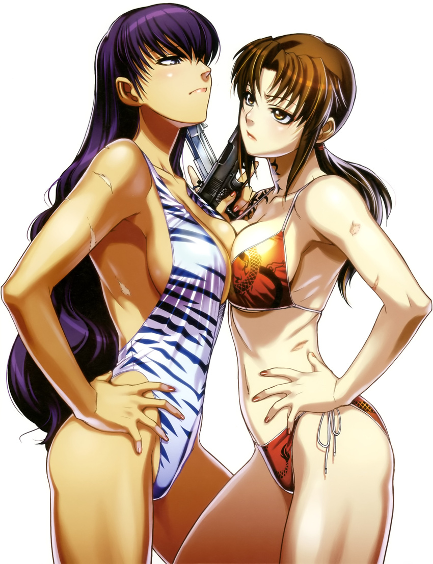 2girls bikini black_lagoon bra breasts brown_hair dark_skin gun handgun highres hiroe_rei large_breasts multiple_girls official_art panties pistol ponytail purple_hair red_eyes revy revy_(black_lagoon) roberta roberta_(black_lagoon) scar sideboob simple_background standing swimsuit tattoo underwear weapon white_background