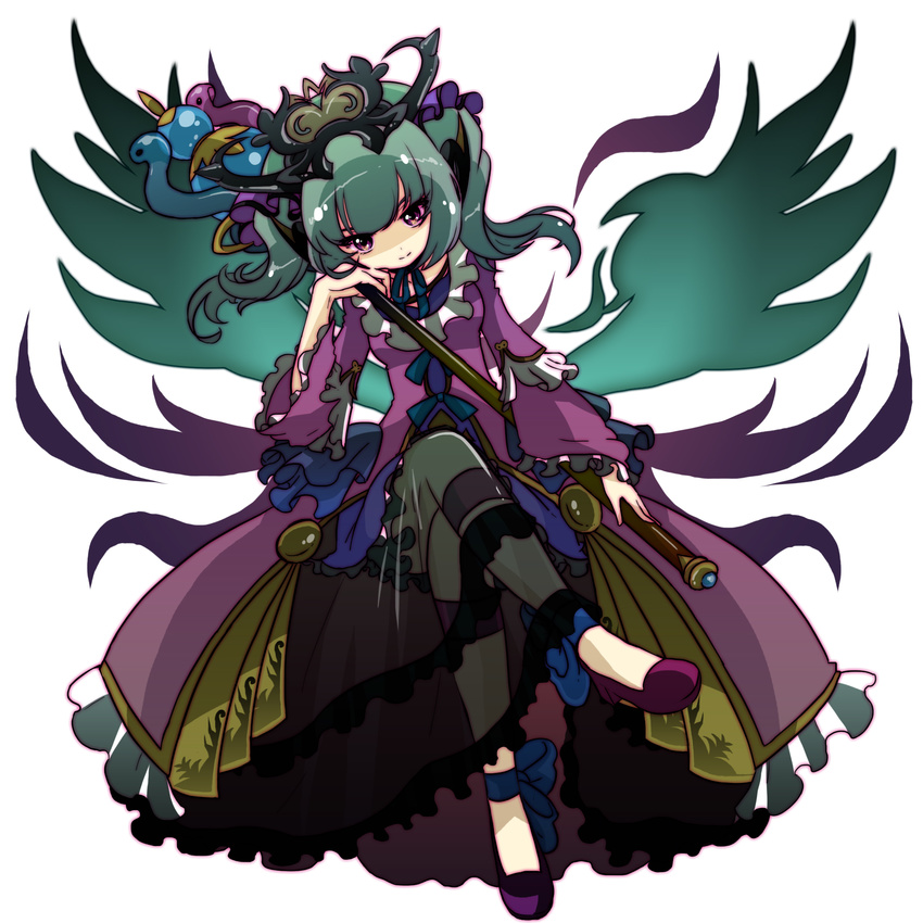 anklet aqua_hair astaroth_(p&amp;d) blue_bow blue_ribbon bow choker crossed_legs dress frilled_dress frilled_sleeves frills full_body hair_ornament hand_on_own_face head_rest highres holding horns jewelry legband long_hair long_sleeves pikomarie purple_dress purple_eyes puzzle_&amp;_dragons ribbon ribbon_choker shoes simple_background sitting smile solo staff tiara twintails white_background wings