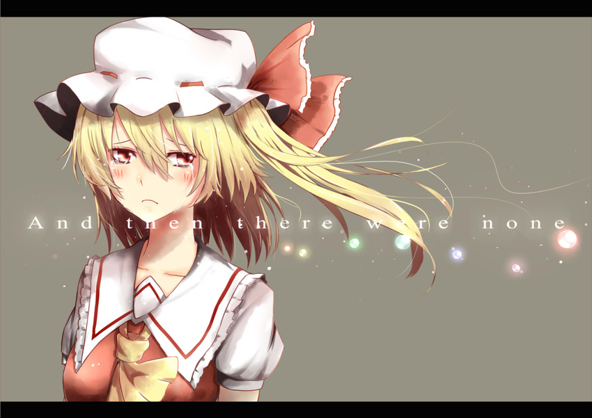 ascot blonde_hair bow crying flandre_scarlet frown hat hat_bow highres koga_rejini letterboxed no_wings red_eyes side_ponytail simple_background solo tears text_focus touhou