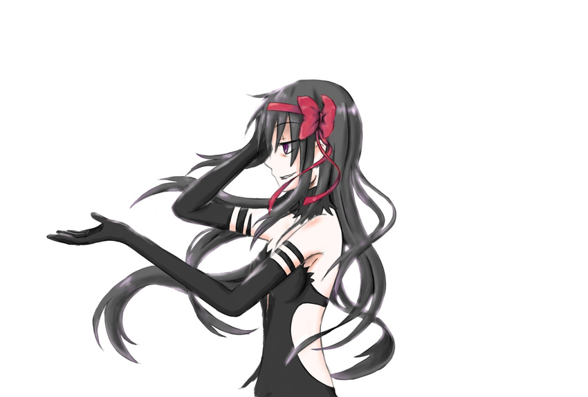 akemi_homura akuma_homura bags_under_eyes bare_shoulders black_gloves black_hair bow choker dress elbow_gloves from_side gloves hair_bow hand_in_hair highres long_hair mahou_shoujo_madoka_magica mahou_shoujo_madoka_magica_movie mariel profile purple_eyes simple_background smile solo spoilers white_background