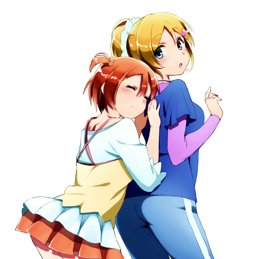 ^_^ ass ayase_eli bad_id bad_pixiv_id blonde_hair blue_eyes blue_shirt blush casual closed_eyes dress hair_bobbles hair_ornament hairclip highres hoshizora_rin kasa_list love_live! love_live!_school_idol_project multiple_girls one_side_up open_mouth orange_hair pants ponytail shirt short_hair side_ponytail simple_background smile track_pants white_background