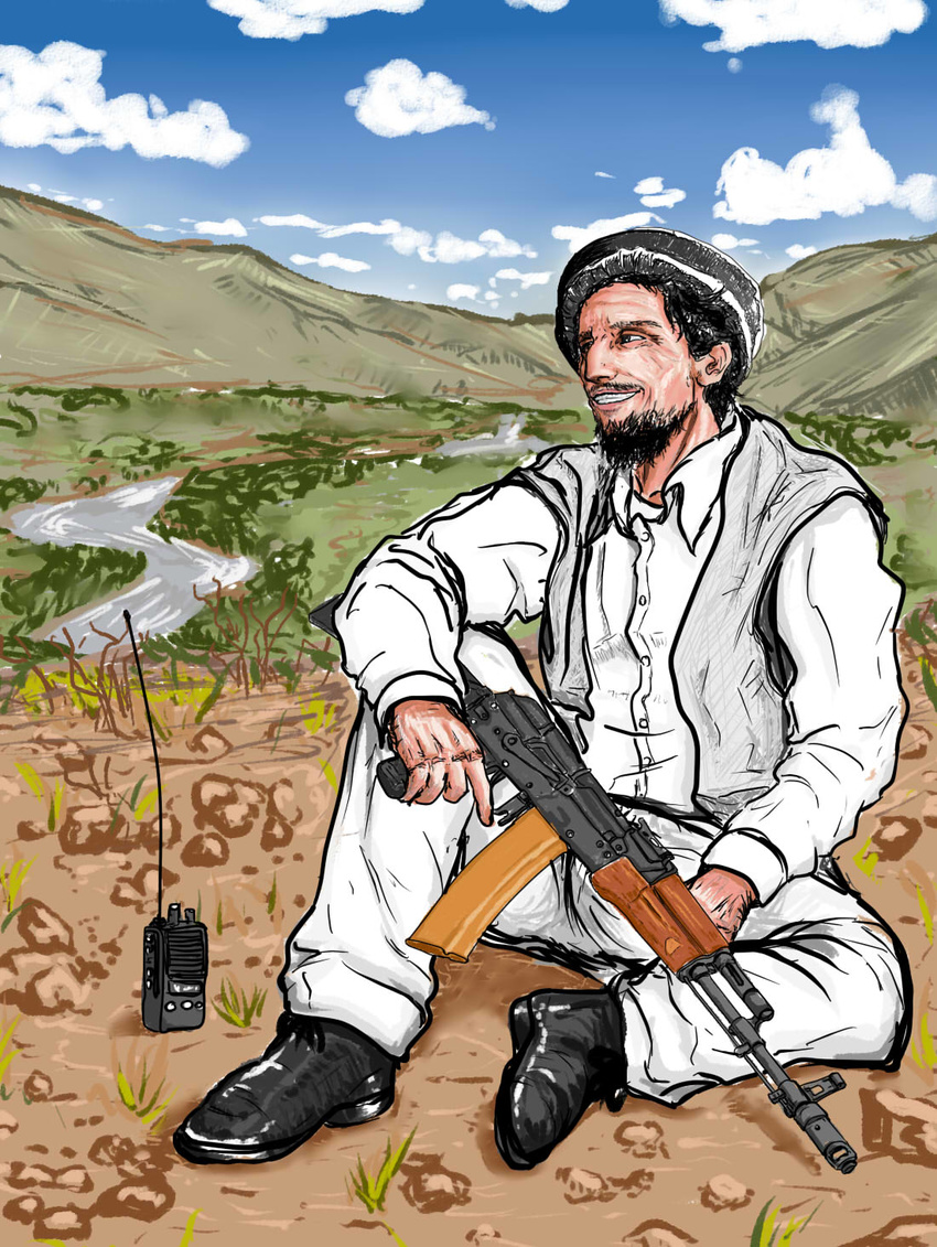 afghanistan ahmad_shah_massoud ak-47 ak-74 assault_rifle black_hair cloud clouds facial_hair grin gun male male_focus real_life rifle river sitting sky smile solo weapon