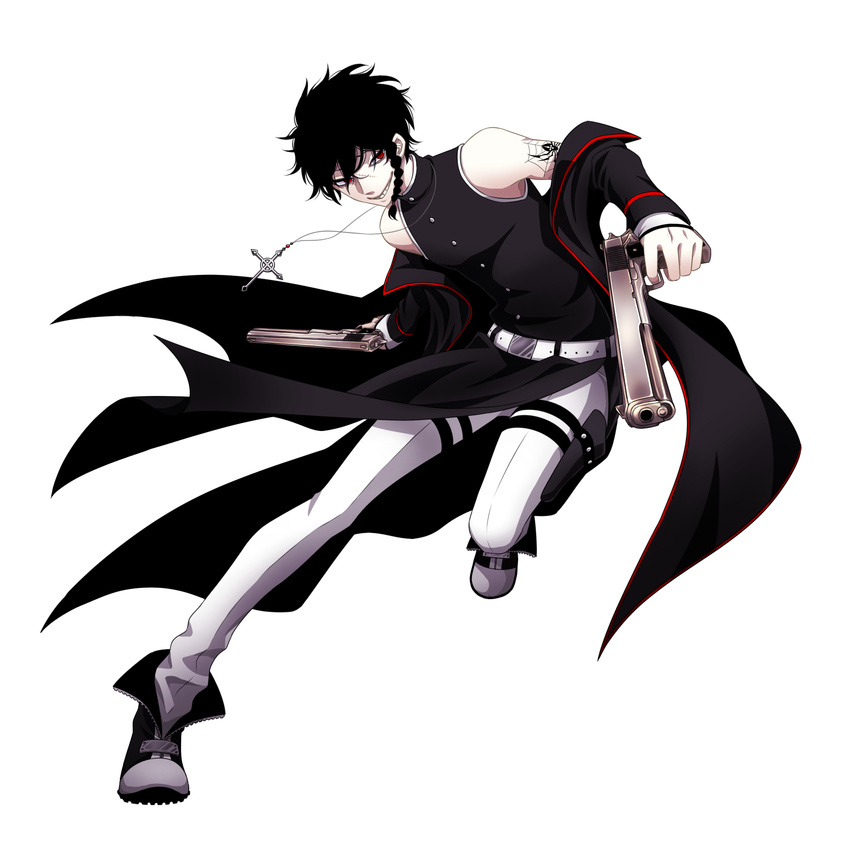 agios_aranea avatar_base belt black_hair boots braid character_request coat cross dual_wielding grin gun handgun highres holding holster jewelry male_focus necklace off_shoulder parted_lips pixiv_nocturne puyora red_eyes scar simple_background single_braid smile solo tattoo weapon white_background