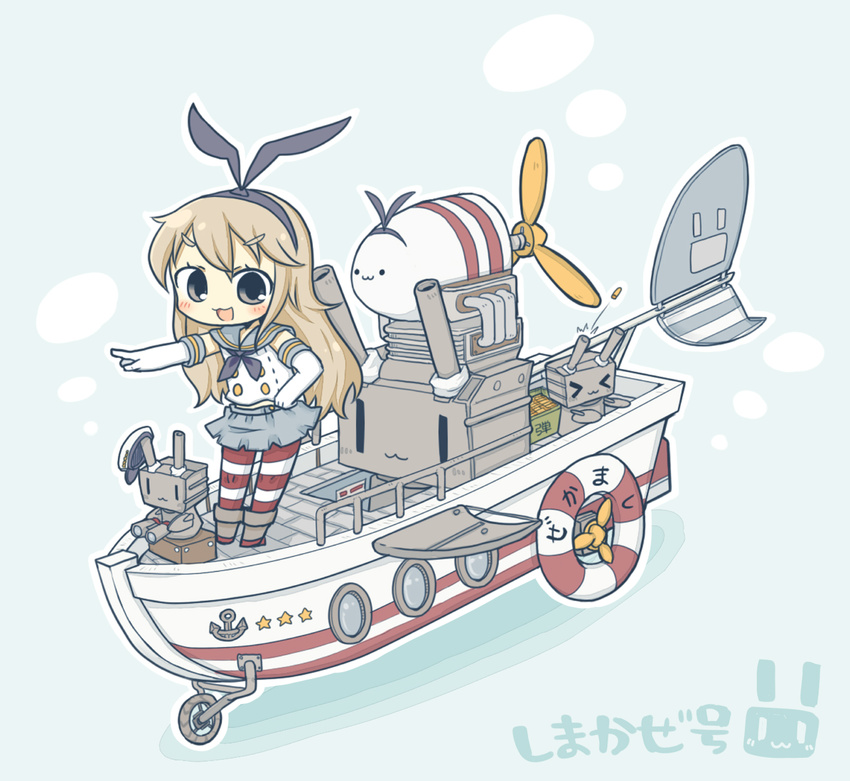 &gt;_&lt; :3 anchor_symbol bad_id bad_pixiv_id blonde_hair blue_skirt boat bow closed_eyes elbow_gloves gloves ground_vehicle hair_bow hairband highres kantai_collection lifebuoy long_hair looking_at_viewer motor_vehicle neckerchief open_mouth parody pleated_skirt pointing propeller rensouhou-chan sailor_collar shimakaze_(kantai_collection) skirt solo striped striped_legwear thighhighs v-shaped_eyebrows wacky_races watercraft yuasan |_|