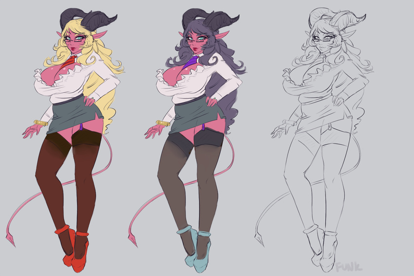 bad_id bad_tumblr_id baste black_hair blonde_hair blue_eyes borrowed_character breasts cleavage commentary concept_art demon_girl demon_horns demon_tail garter_straps hand_on_hip horns huge_breasts lipstick live_for_the_funk long_hair makeup multiple_views office_lady original pencil_skirt pink_skin pointy_ears red_footwear shoes sketch skirt tail thighhighs work_in_progress