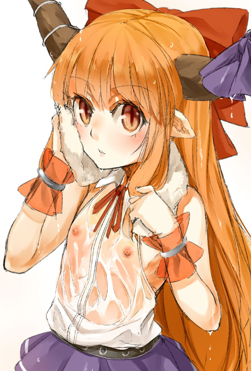 blush bow covered_nipples flat_chest highres horn_ribbon horns ibuki_suika long_hair looking_at_viewer nipples nishiuri orange_eyes orange_hair pointy_ears ribbon see-through shirt simple_background skirt sleeveless sleeveless_shirt slit_pupils solo touhou towel wet wet_clothes white_background