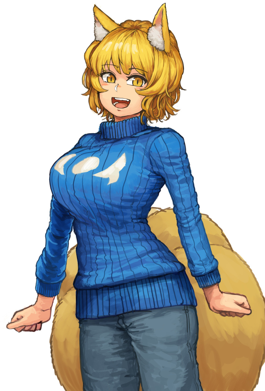 1girl :d absurdres adapted_costume animal_ear_fluff animal_ears blonde_hair blue_sweater chanta_(ayatakaoisii) denim eyebrows_visible_through_hair fox_ears fox_tail highres jeans long_sleeves looking_at_viewer multiple_tails open_mouth pants ribbed_sweater simple_background slit_pupils smile solo standing sweater tail touhou white_background yakumo_ran yellow_eyes