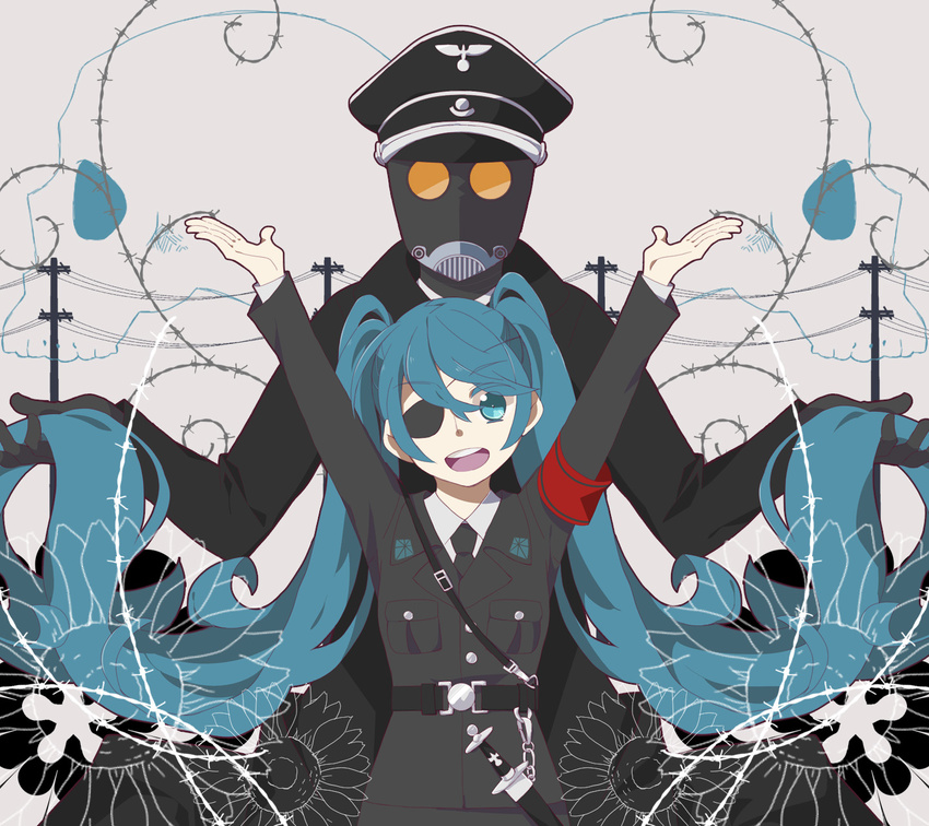 1girl :d absurdly_long_hair arms_up blue_eyes blue_hair collared_shirt compa_kuki eyepatch gas_mask hat hatsune_miku hellboy_(comic) highres holding holding_hair karl_ruprecht_kroenen long_hair military military_hat military_uniform nazi necktie open_mouth power_lines sheath sheathed shirt smile solo_focus sword uniform very_long_hair vocaloid weapon