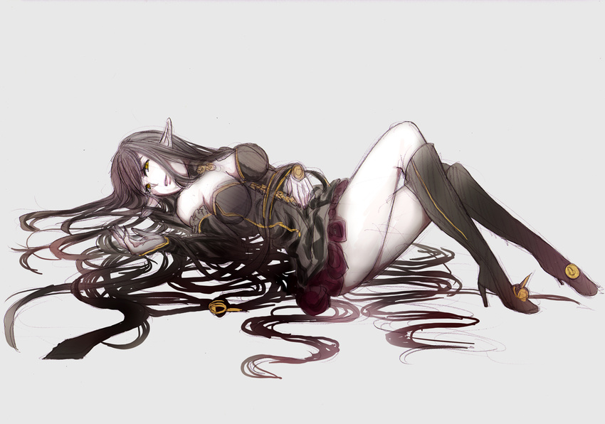 boots breasts cleavage dress fate/apocrypha fate_(series) high_heel_boots high_heels knee_boots large_breasts long_hair lying otori666 pointy_ears semiramis_(fate) smile solo very_long_hair