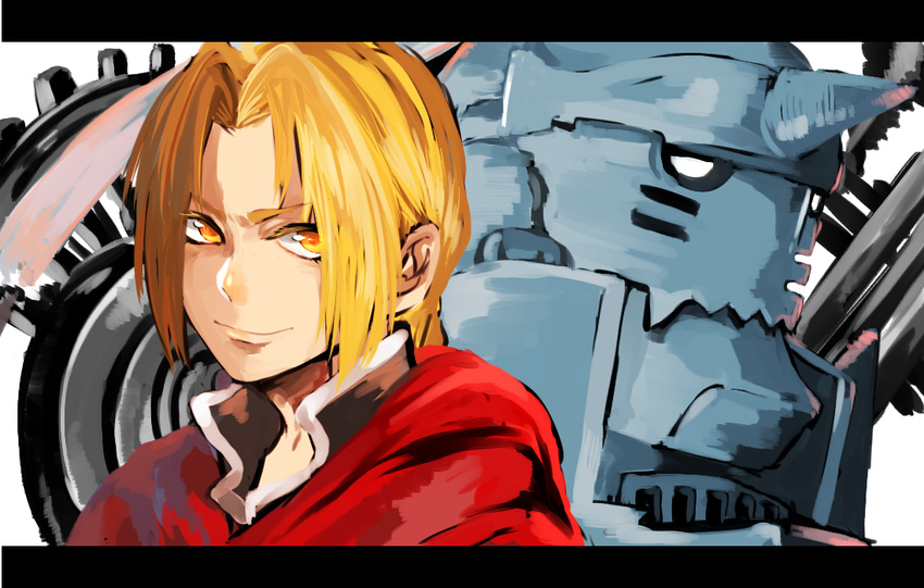 alphonse_elric armor bad_id bad_pixiv_id blonde_hair brothers clockwork edward_elric fullmetal_alchemist letterboxed looking_at_viewer multiple_boys orange_eyes siblings smile yellow_eyes