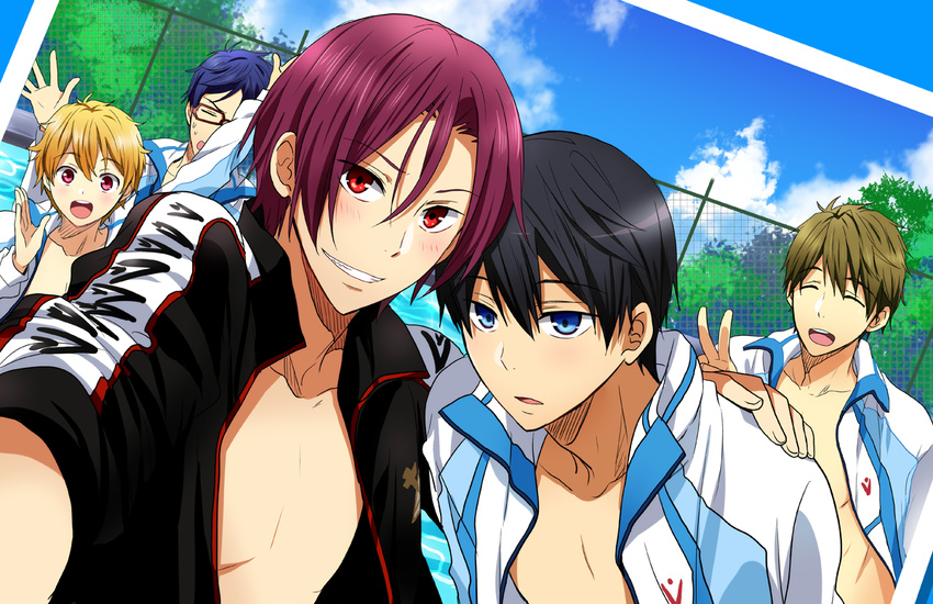 black_hair blonde_hair blue_eyes blue_hair brown_hair closed_eyes free! glasses green_eyes grin hazuki_nagisa jacket kurot looking_at_viewer male_focus matsuoka_rin multiple_boys nanase_haruka_(free!) open_clothes open_jacket open_mouth picture_(object) pool purple_hair red_eyes ryuugazaki_rei smile sweatdrop tachibana_makoto v water