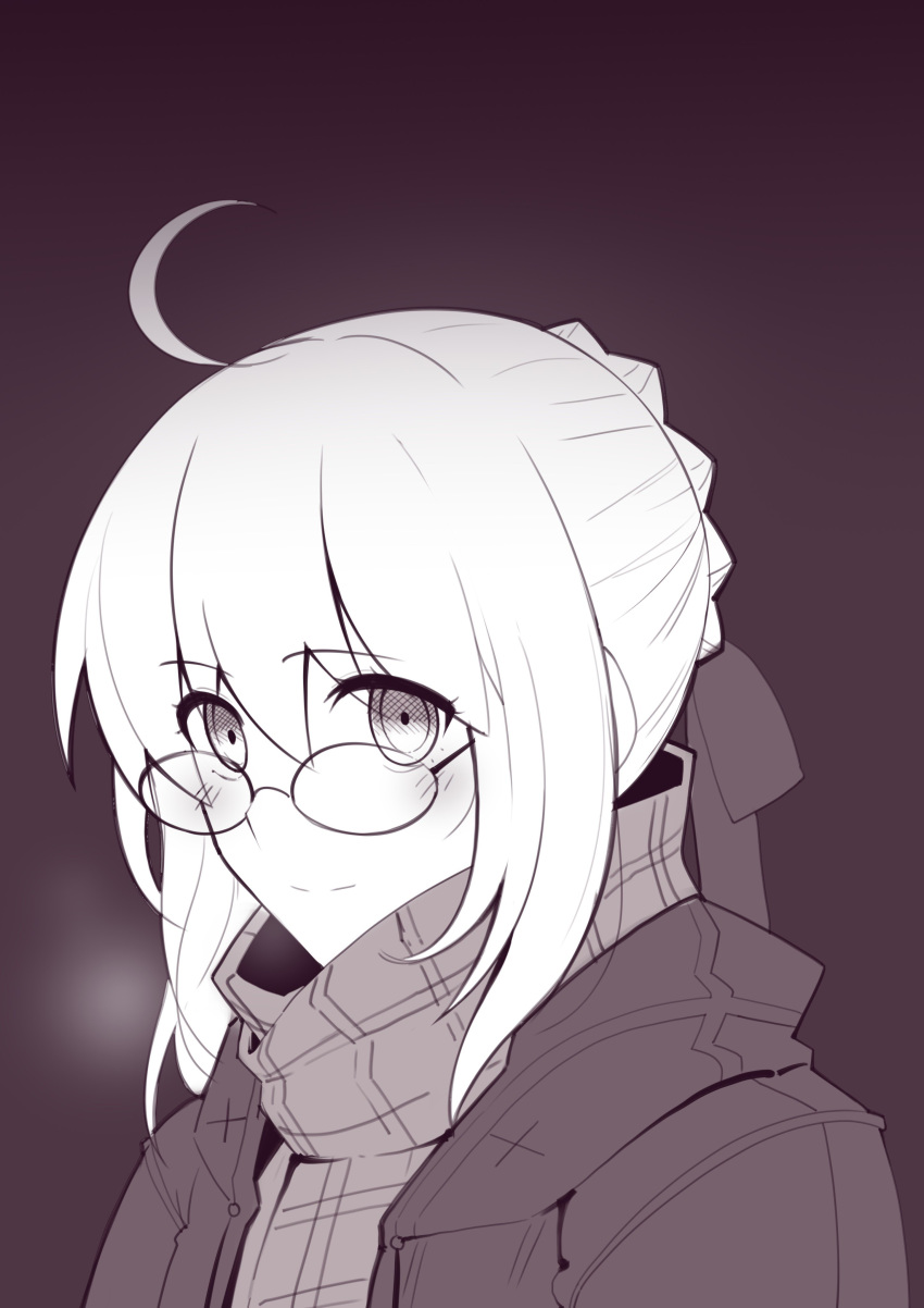 1girl absurdres ahoge artoria_pendragon_(all) blush boa_(brianoa) braid breath closed_mouth coat fate/stay_night fate_(series) greyscale hair_bun hair_ribbon highres looking_at_viewer monochrome ribbon saber scarf short_hair sidelocks smile solo upper_body