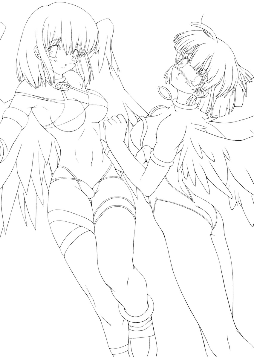 angel angel_wings greyscale highres leotard looking_at_viewer monochrome multiple_girls short_hair simple_background uchiu_kazuma wings