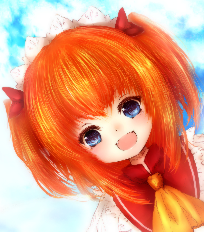 :d amanojaku ascot bad_id bad_pixiv_id blue_eyes blush bow close-up dutch_angle face fairy fairy_wings fangs highres looking_at_viewer open_mouth red_hair smile solo sunny_milk teeth touhou twintails wings
