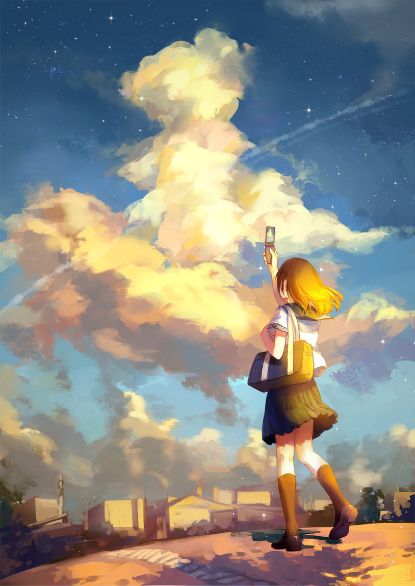achyue arm_up bag brown_hair building cellphone cellphone_camera cellphone_picture cloud condensation_trail from_behind highres holding holding_phone house kneehighs light_particles long_hair original outdoors phone pleated_skirt scenery school_bag school_uniform serafuku shoes short_sleeves skirt sky solo sparkle standing star_(sky) town twilight walking wide_shot wind