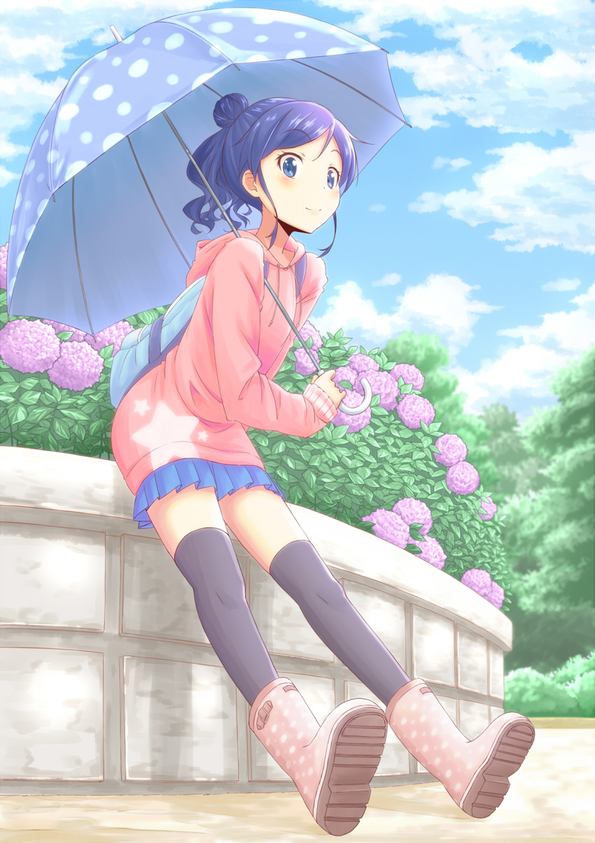 aikatsu! aikatsu!_(series) backpack bag black_legwear blue_eyes boots chomo_(asymmate) cloud day flower hair_bun highres holding hood hooded_sweater hydrangea kiriya_aoi looking_at_viewer pleated_skirt purple_hair rubber_boots skirt sky smile solo sweater thighhighs umbrella zettai_ryouiki