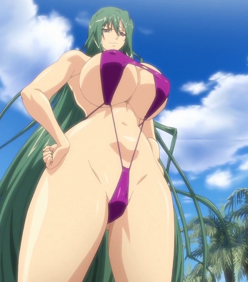 1girl bikini breasts from_below green_hair huge_breasts misuzu_yukiko shion_~zankoku_na_mahou_no_tenshi~ sling_bikini solo stitched swimsuit