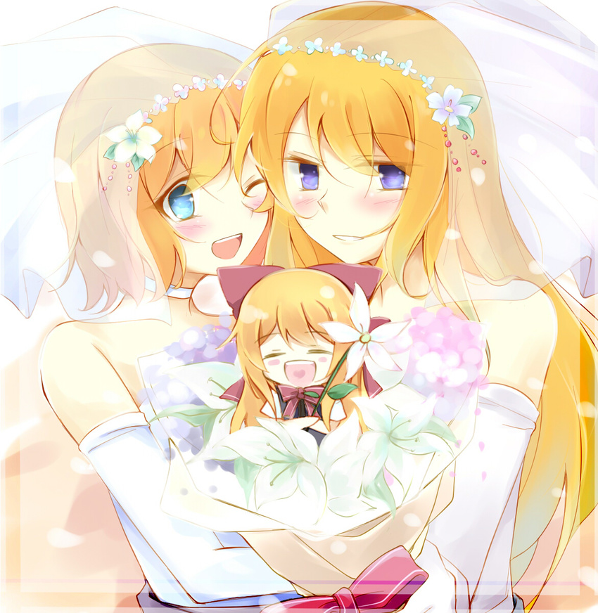 alice_margatroid bare_shoulders blonde_hair blue_eyes blush blush_stickers bridal_veil bride dress elbow_gloves faech flower frame gloves hair_flower hair_ornament highres lily_(flower) long_hair multiple_girls no_hat no_headwear one_eye_closed shanghai_doll short_hair smile touhou veil wedding_dress white_gloves wife_and_wife yakumo_yukari yuri