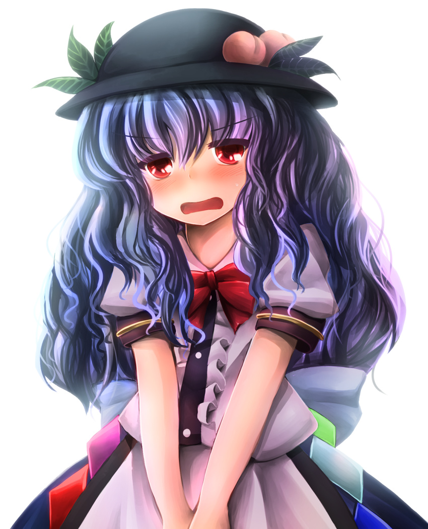 alternate_hairstyle blue_hair blush bow curly_hair food fruit hat highres hinanawi_tenshi long_hair looking_at_viewer maru_daizu_(aqua6233) peach red_eyes simple_background solo touhou white_background