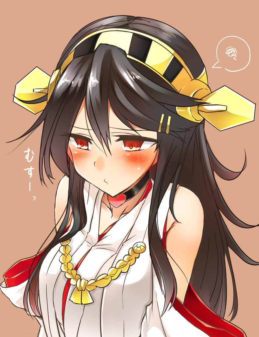 black_hair blush breasts choker commentary_request detached_sleeves hair_ornament hairband hairclip haruna_(kantai_collection) heart highres japanese_clothes kantai_collection large_breasts long_hair nontraditional_miko pout red_eyes solo spoken_squiggle squiggle sweatdrop tsukui_kachou