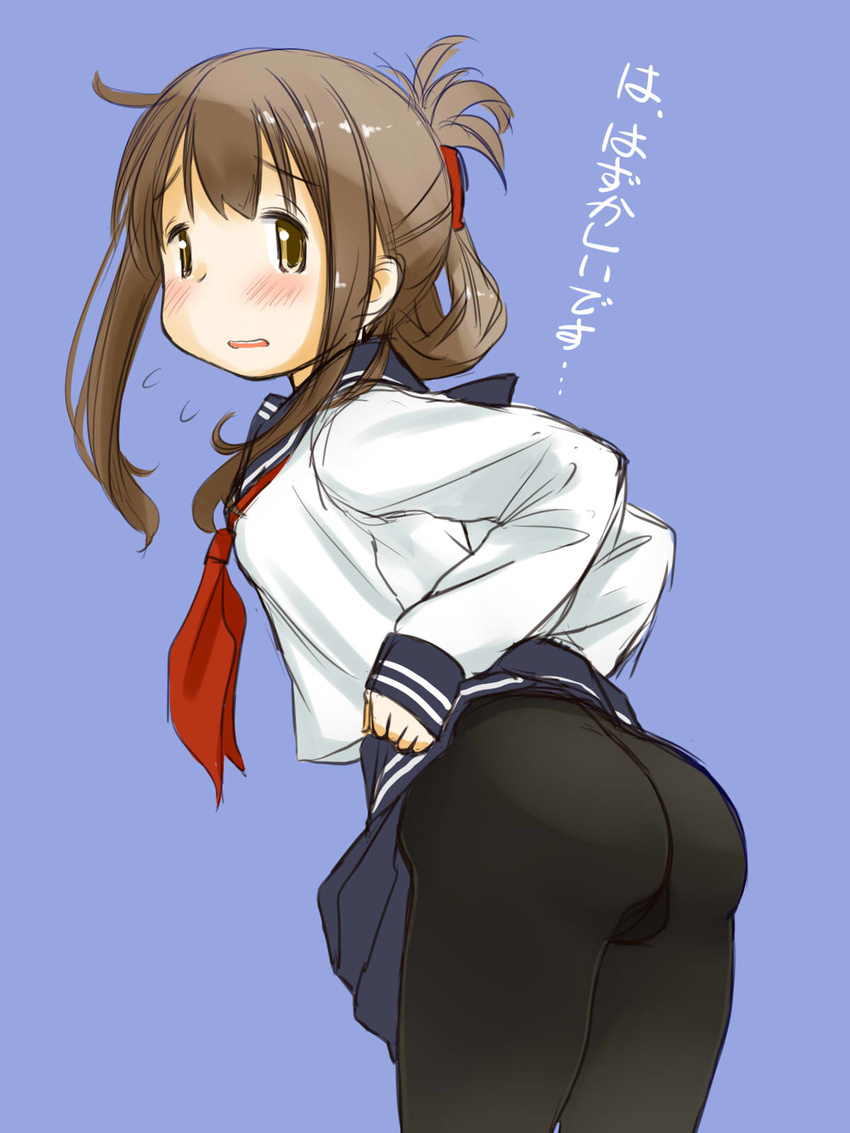 ass black_legwear blush brown_hair folded_ponytail gusset highres inazuma_(kantai_collection) kantai_collection looking_back no_panties pantyhose retsumaru school_uniform simple_background skirt skirt_lift solo translated yellow_eyes