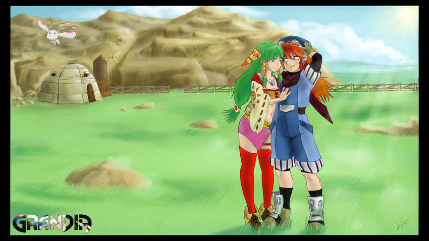 1girl day feena_(grandia) grandia grass green_eyes green_hair highres justin_(grandia) non-web_source puui_(grandia) red_hair wind