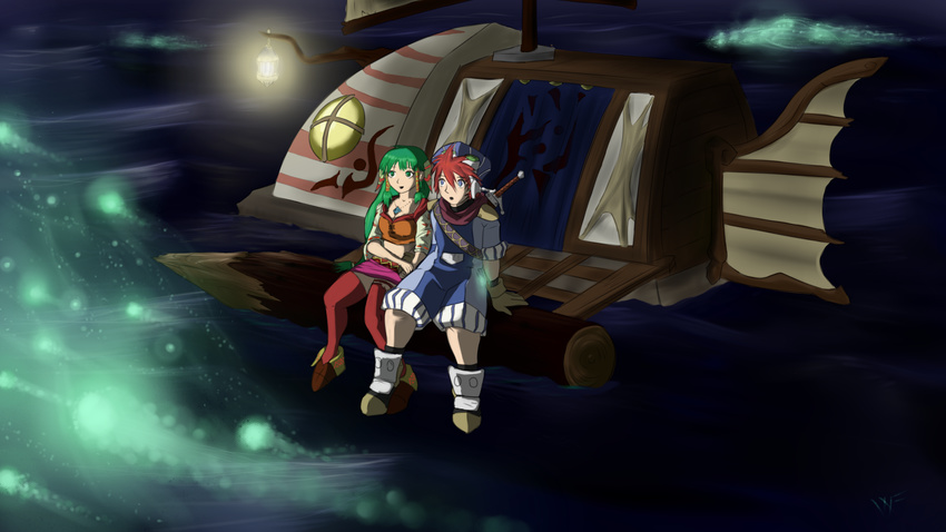 1girl boat feena_(grandia) grandia green highres journey justin_(grandia) night non-web_source ocean sea_of_mermaids spirits watercraft