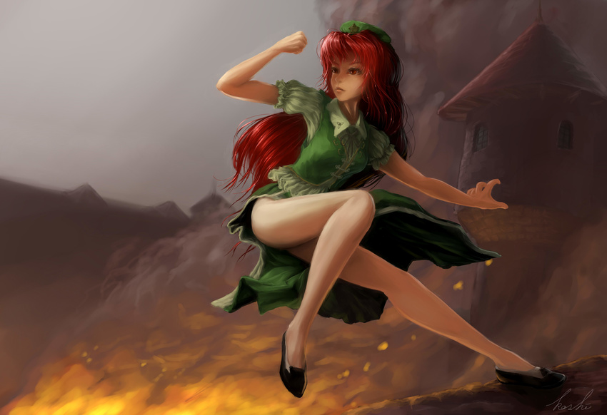 absurdres alternate_eye_color artist_name blouse blurry clenched_hand cloud cloudy_sky depth_of_field embers fire hat highres hong_meiling kicking koshi_(koshi_vortex) long_hair looking_away neck_ribbon outdoors pose puffy_short_sleeves puffy_sleeves red_eyes red_hair ribbon scarlet_devil_mansion shoes short_sleeves signature sky smoke solo star touhou vest