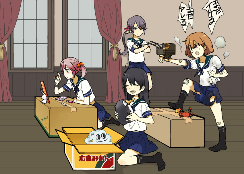 :d ^_^ against_wall ahoge aiming_at_viewer akebono_(kantai_collection) anchor_symbol angry animal bandaid bandaid_on_arm bandaid_on_face bandaid_on_knee bangs bell bird black_hair black_legwear blouse blue_ribbon blue_skirt bow box brown_eyes brown_hair burnt_clothes cannon cardboard_box closed_eyes cloud crab crossed_arms curtains flat_chest flower hair_bell hair_bobbles hair_flower hair_ornament holding holding_animal holding_weapon jingle_bell kantai_collection kneehighs leaning_back lipstick_tube long_hair looking_at_viewer makeup makeup_brush midriff mirror multiple_girls neck_ribbon no_shoes oboro_(kantai_collection) open_mouth penguin pink_hair pleated_skirt pointing purple_hair regain ribbon sazanami_(kantai_collection) school_uniform scratches serafuku short_hair short_sleeves side_ponytail sitting skirt smile smoke speech_bubble standing stuffed_animal stuffed_bunny stuffed_toy swept_bangs tassel tears torn_clothes torn_skirt turret ushio_(kantai_collection) wariza wavy_mouth weapon white_blouse window wooden_floor