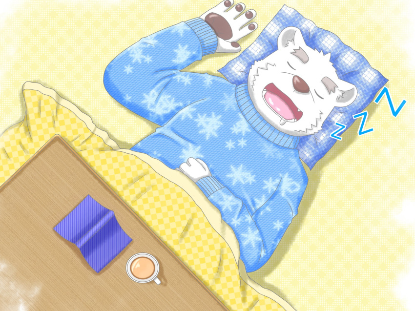 2019 anthro clothing fur male mammal no_tes pillow polar_bear shirane_kan sleeping slightly_chubby solo sweater ursine utau white_fur