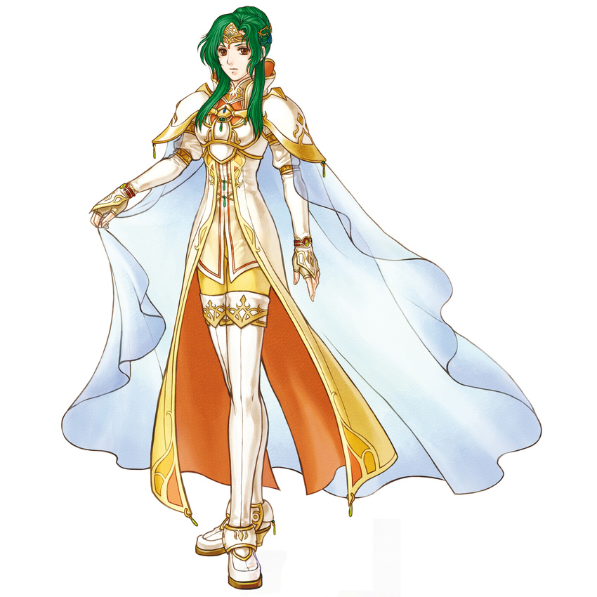 armor boots brown_eyes cape elbow_gloves elincia_ridell_crimea fire_emblem fire_emblem:_akatsuki_no_megami gloves green_hair highres kita_senri official_art pegasus_knight solo thigh_boots thighhighs tiara