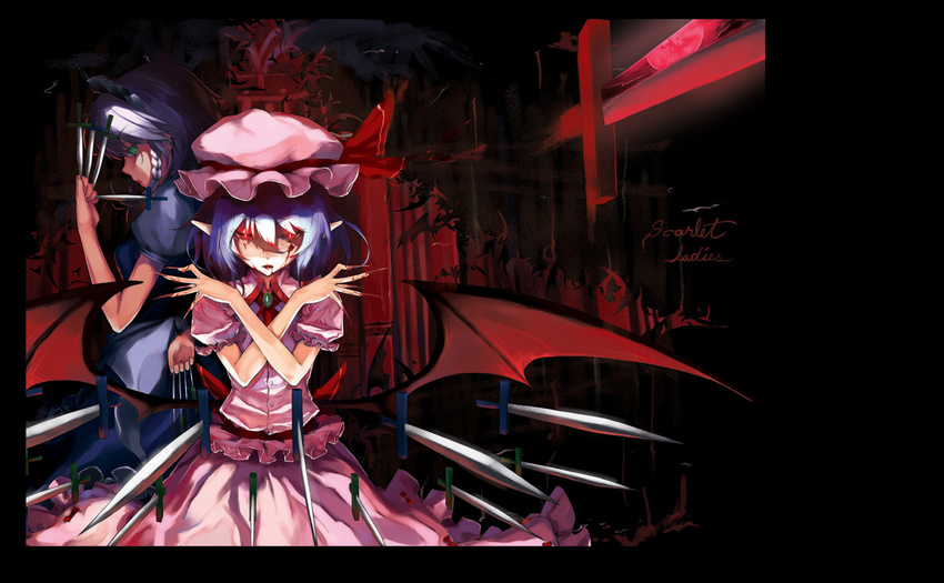 cowboy_shot dagger dark dress floating floating_object hat izayoi_sakuya ken-1 looking_at_viewer mob_cap multiple_girls pink_dress puffy_short_sleeves puffy_sleeves red_eyes remilia_scarlet short_sleeves silver_hair standing touhou weapon