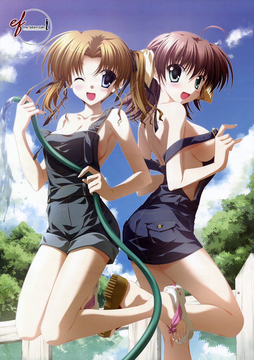 ahoge back back-to-back bare_shoulders blue_eyes blush breasts brown_hair cleavage cloud day denim duplicate ef feet green_eyes hair_ribbon hayama_mizuki highres hose jumping large_breasts leg_lift looking_back miyamura_miyako multiple_girls naked_overalls nanao_naru off_shoulder one_eye_closed outdoors overalls purple_hair red_hair ribbon sandals scan short_hair sideboob sky strap_slip toes tree twintails undressing