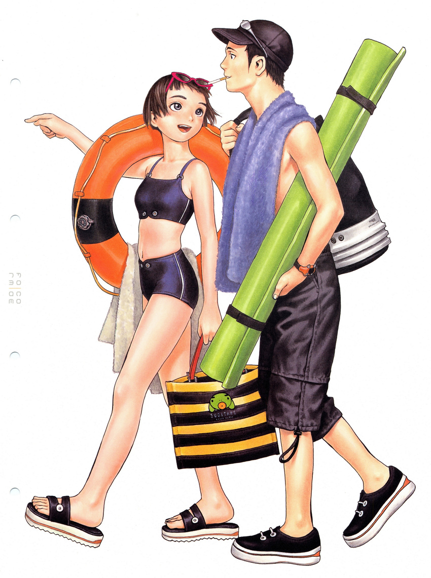 1girl absurdres brown_hair cigarette duplicate form_code grey_eyes hat highres innertube murata_renji scan short_hair swimsuit