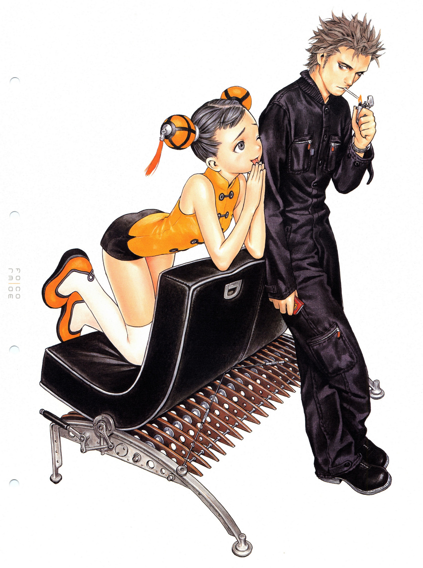 1girl absurdres black_hair cigarette duplicate form_code grey_eyes highres murata_renji scan short_hair