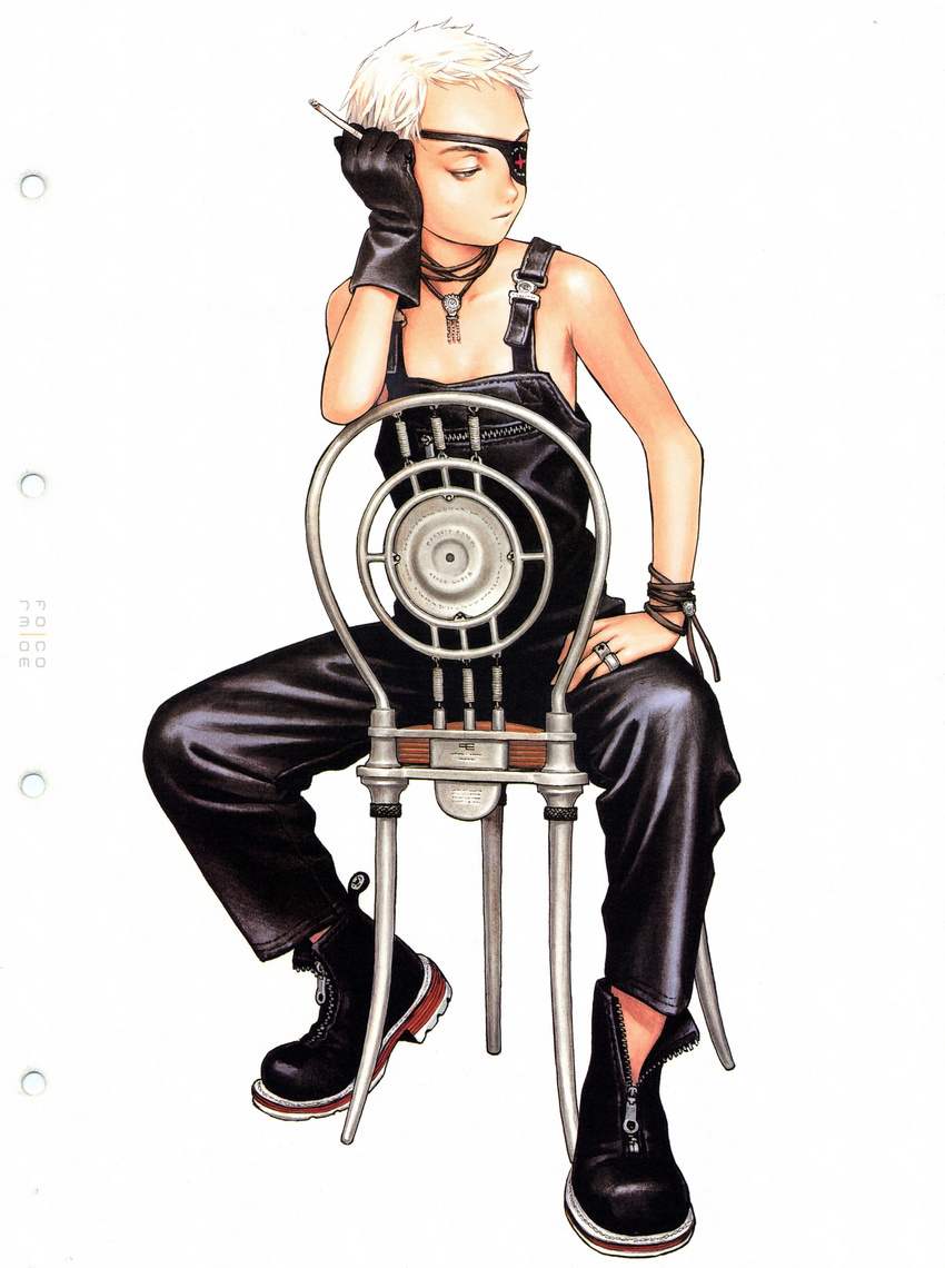 absurdres bare_shoulders chair cigarette duplicate eyepatch flat_chest form_code highres murata_renji overalls scan short_hair solo white_hair