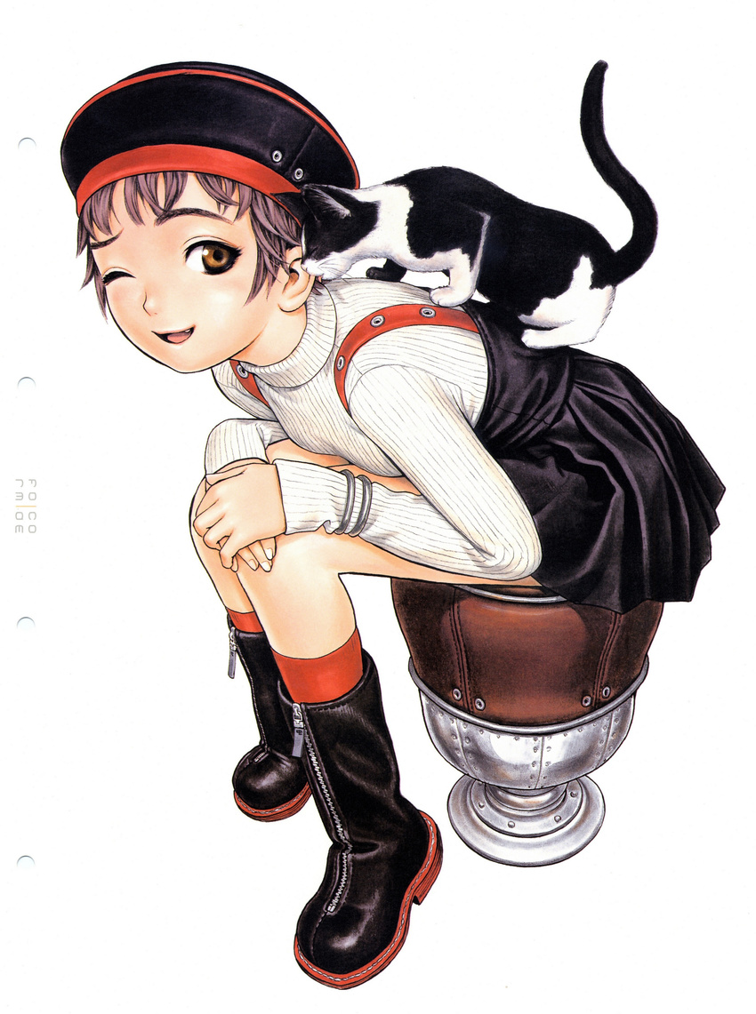 absurdres boots brown_eyes brown_hair cat duplicate form_code hat highres murata_renji scan short_hair sitting solo